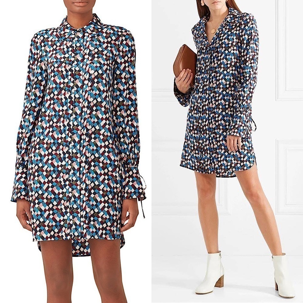 TORY BURCH Silk Mosaic Print Long Sleeve Tie Cuff Button Down Tunic Shirtdress 0